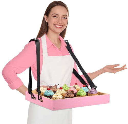 Teenyyou Wooden Vendor Trays with Strap 15 x 11 x 2 Inch Movie Night Party Serving Snack Trays Usherette Popcorn Drink Vending Concessions Tray Beverage Carrier for 20's Theme Prop(Pink,Spaces)