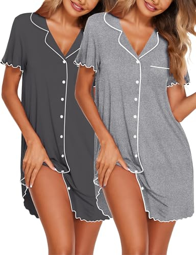 Ekouaer Camicia da Notte Donna Estiva in Due Pezzi Indumenti Maniche Corte Pigiama con Bottoni Confortevole Abito da Notte Aperta Davanti Scollo a V