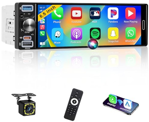 Inefala bilradio 1 Din med 6,5 tums skärm, trådlös Carplay Android Auto, 1 Din radio Bluetooth med FM-radio EQ 2USB Typ-C SWC backkamera Mic