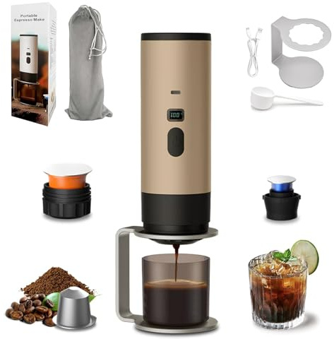 Generico Macchina da Caffe Portatile 3-in-1, Macchina per Caffè Espresso Portatile con Display LED e Serbatoio 90ml,15 Bar, Auto-Riscaldamento, USB-C, con Caffè Macinato/Capsula NS (Champagne)