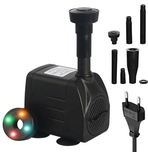 Pompa fontana esterna 600 L/h 15 W 220 V pompa bacino 3 in 1 con 4 LED, pompa da giardino per fontana, pompa per giochi d'acqua, pompa di torrente per fontana di giardini, bacini, pozzi
