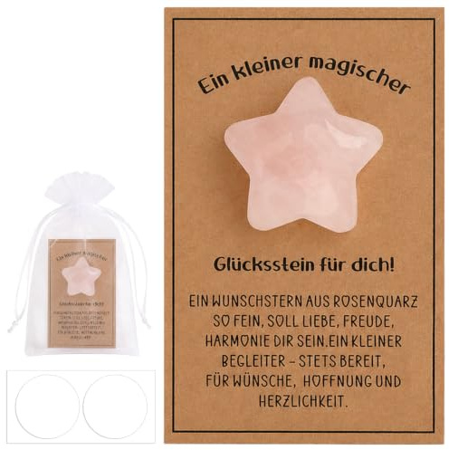 Étoile Porte Bonheur Set, Pierre Quartz Rose Pierre De Chance Cadeau Encouragement Cadeau Examen - Carte Message Et Sac En Organza - Pour Maman Amie Collègue Bac