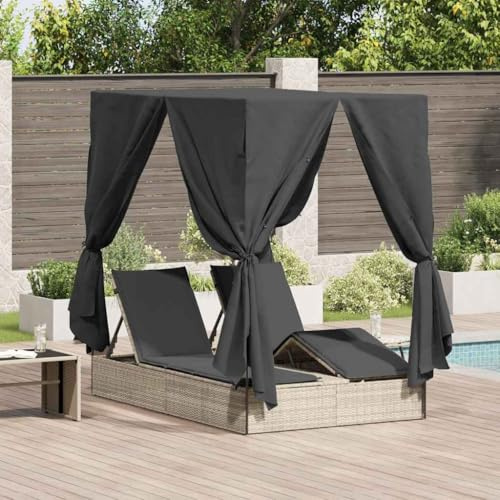 UBVNFGMK Doppelte Sonnenliege Hellgrau 205 x 129 x 200 cm, Poly-Rattan Doppel-Sonnenliege mit Dach und Vorhängen, verstellbare Rückenlehne und Fußstütze, inklusive Zwei Sitzkissen