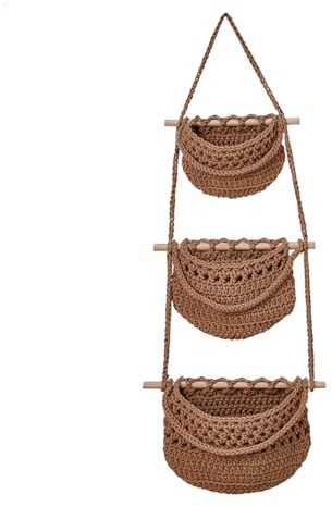 Hanging Fruit Basket, 3-Tier Macrame Hanging Storage, Caramel | Boho Decorative Hanging Organiser, Detachable Design, Suitable for Storing Fruit, Vegetables, Snacks and Similar Items