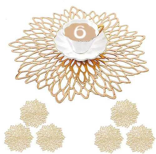 Mangata tovagliette e sottobicchiere Oro tonde, 38 cm tovaglietta Vinyl per Natalizie, anniversari, cene, Ristorante, Hotel (Lavabili, Set di 6)