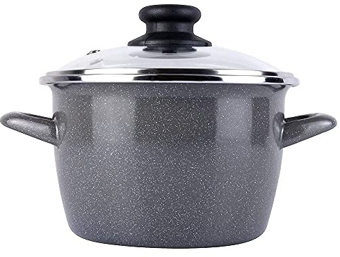 Magefesa K2 Gransasso - Olla 30cm con tapa de vidrio. Exterior gris moteado. Antiadherente bicapa reforzado efecto piedra, apta para todo tipo de cocinas, especial inducción. 50% de ahorro energético.