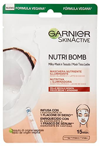 Garnier NutriBomb Maschera in Tessuto Nutriente Illuminante, per Pelli Secche e Spente, Arricchita con Latte di Cocco e Acido Ialuronico - 28 g, Confezione da 1