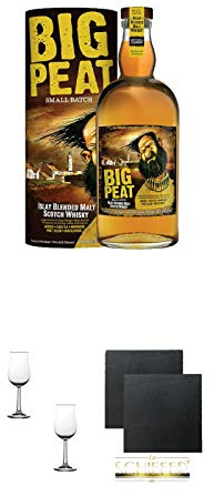 Big Peat Whisky 0,7 Liter mit Tube + Nosing Gläser Kelchglas Bugatti mit Eichstrich 2cl und 4cl - 2 Stück + Schiefer Glasuntersetzer eckig ca. 9,5 cm Ø 2 Stück