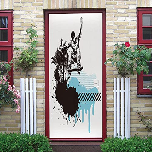 LuSeven stickers paroi de douche Skateboard noir encre 90x200cm(35.43 inches * 78.74 inches) Autocollants de porte 3d, Porte Autocollant en PVC Auto-adhésifs, Stickers porte chambre, Poster de porte i
