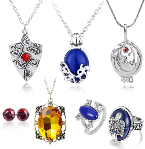 HJYZY 7 Stück Vampire Diaries Schmuck Daywalking Katherine Sapphire Elena Gilbert Eröffnung Eisenkraut Medaillon Bonnie Halskette Salvatore Damon Stefan Finger Familienwappen Ring Diamant Ohrstecker
