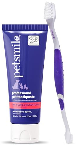 Petsmile Professional Pet Teeth Brushing Kit for Cats & Dogs - VOHC Accepted Toothpaste & Patented Toothbrush - Proven to Control Plaque & Tartar Calprox Formula (Rotisserie Chicken, 2.5 Oz)