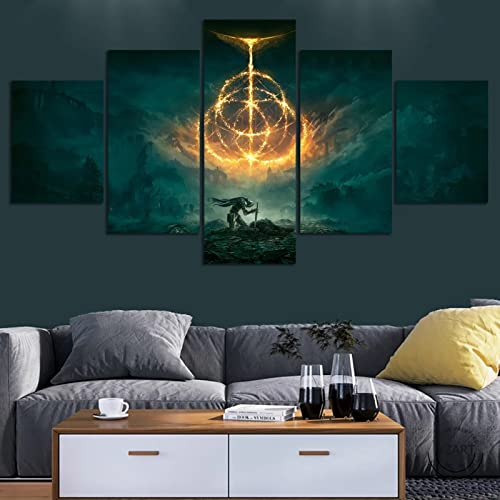 MRCCS Leinwanddrucke Modulare Wandkunst Wandaufkleber 5 Teiliges Wandbild Druck auf Leinwand Malerei Moderne Abstrakte Poster Mit Rahmen L/150cm×80cm Elden Ring Spielkunst