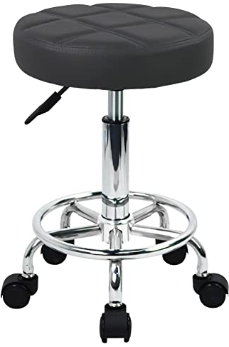 WKWKER PU Leather Round Rolling Stool Swivel Height Adjustment Home Office Drafting Lab Kitchen Massage with wheels Office Chair (black)