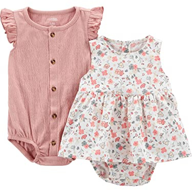 Simple Joys by Carter's Baby Girls' Sleeveless Rompers, Pack of 2, Peach/White Floral, 6-9 Months