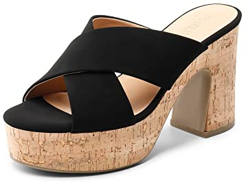 DREAM PAIRS Women's Black Nubuck Platform Heels Open Toe Slip on Heels for Women High Chunky Block Wedges Sandals Dressy Pumps Shoes SDHS2344W Size 9