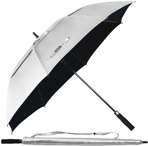 Fulynmen 62 Inch UPF50+ Sun Umbrella UV Protection UV Umbrellas for Sun Protections Windproof Large Golf Umbrella Auto Open and Vented Double Canopy Umbrellas for Rain Silver/Black