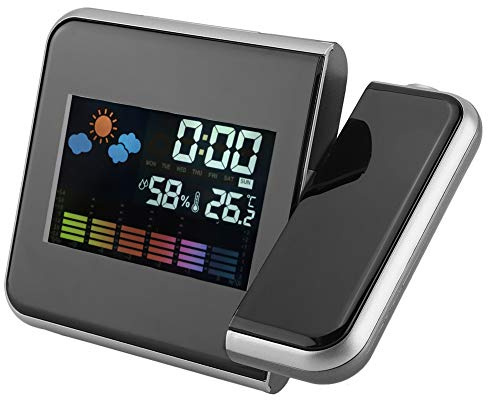 Akozon Digitales LED-Wetter, Kalender, Luftfeuchtigkeit, Projektionsuhr, Vorhersage-Projektor, Faule Person, Display-Wecker (Schwarz)