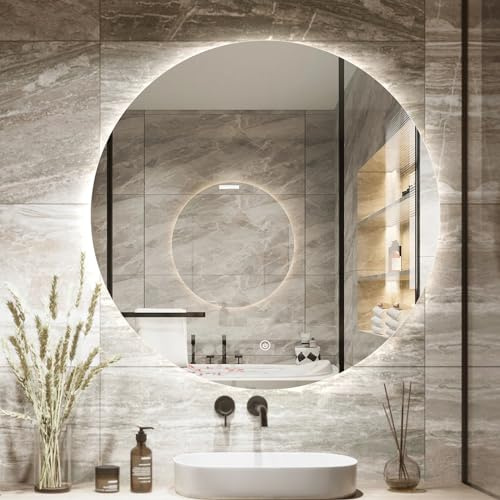 Niccy Round LED Bathroom Mirrors with Light, 24 Backlit Makeup Mirror for Bathroom, Frameless Circle Smart Vanity Mirror with 3 Color Lights, Anti-Fog, Smart Touch Button, Shatter-Proof