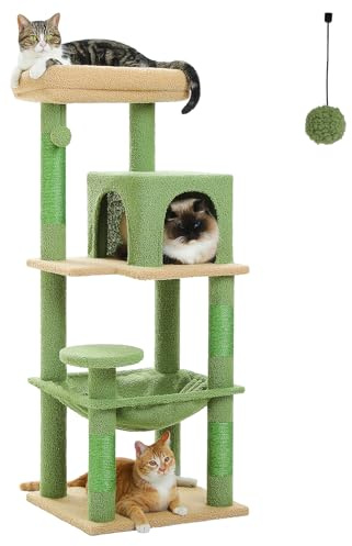 PAWZ Road Arbre a Chat Cactus 116 cm avec Hamac, Griffoirs et Niche, Vert | Arbre à Chat 116 cm, Moderne et Stable, avec Hamac, Niche, Perchoir et 4 Griffoirs en Sisal pour Chats d'intérieur