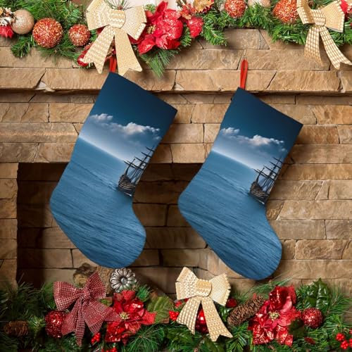 45,7 cm Weihnachtsstrümpfe, personalisierter Weihnachtsstrumpf für Urlaub, Schiff auf dem blauen Ozean, Weihnachtsstrümpfe, Weihnachtsstrümpfe für Weihnachtsdekoration, Weihnachtsdekoration, Strümpfe