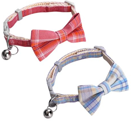 JIHUOO Katzenhalsband mit Weihnachtsmotiv, verstellbar, mit Glöckchen, Fliegen, abnehmbare Katzenbänder, Schnellverschluss, Sicherheitshalsbänder für Kätzchen, Welpen, Rot, Blau, 2 Stück