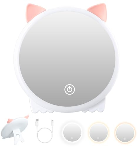 Litinliv Recargable Espejo de Maquillaje con Luz LED, 1x Espejo de Mesa Maquillaje con 3 Modo Luz, Espejo de Mesa Plegable, Espejo Cosmético de Mesa con Pantalla Táctil Ajustable para Baño Tocador (A)