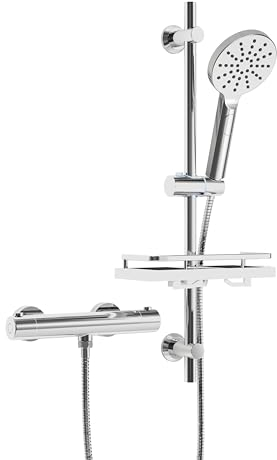 Görbach Thermostat Duschsystem mit Duscharmatur und Duschstangeset mit Duschablage, Thermostat Mischbatterie Dusche + Edelstahl Brausestangeset 70cm mit Handbrause und Schlauch, Rund Chrom