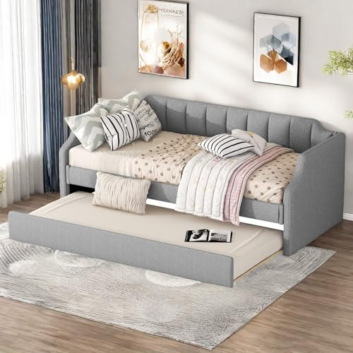 Schlafsofa 90 x 200(190),Sofa Bed, Bett,tagesbett ausziehbar,Day-Betten,Gepolstertes Einzeltagesbett mit Rollbett,Grau