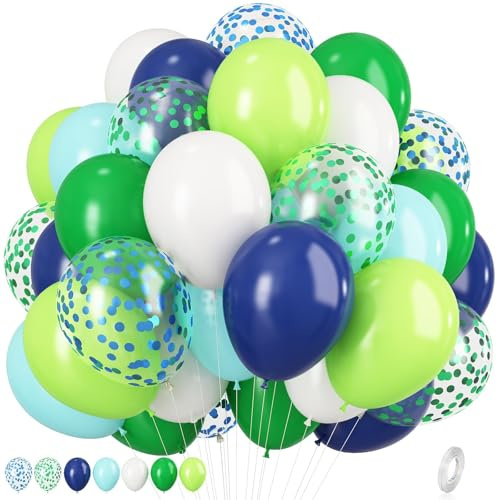 Blue and Green Balloons, 12 Inch Dinosaur Balloons, Navy Blue Dark Fruit Green White Teal Latex Balloon Set with Confetti Balloon for Boys Dinosaur Birthday Football Video Game Jungle Dino Theme Party