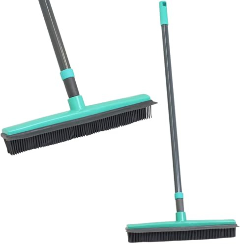 Indoor Extendable Rubber Bristle Broom with Squeegee, Teal/Grey