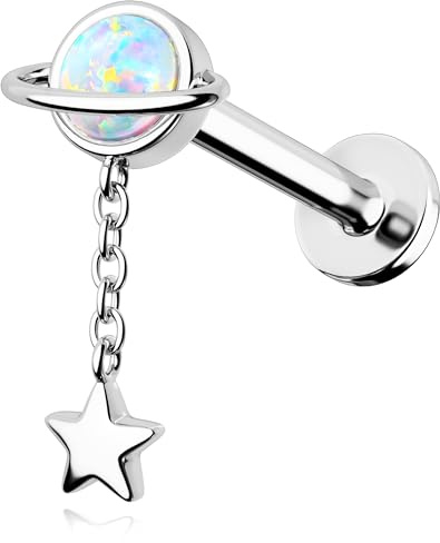 OUFER 16G Dangle Knorpel Ohrpiercing Stern Conch Piercing Ring 316L-Edelstahl Helix Piercing Planet Conch Piercing 8mm Ohrpiercing Helix Opal Lippenpiercing Innengewinde