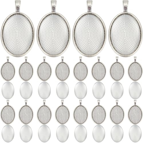 SOFPLATE 1 Box Mit 30 Sets Cabochon Lünettentablett Silberne Lünettenfassung Mit Glascabochons Ovale Kuppel Tibetischer Stil Legierung Vintage Rohlinge Tablettanhänger Zur Schmuckherstellung Charms Ha