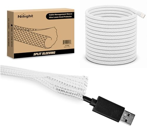 Nilight Cable Sleeve,10ft-1/4inch Cable Management Sleeves, Braided Cable Sleeving, Split Self Wrapping Wire Loom for Computer Cable Electrical Wire Automotive Harness Protector Organizer, White