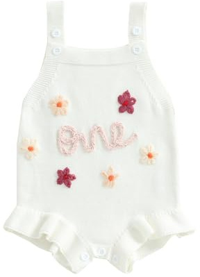 Geagodelia Infant Baby Girl 1st Birthday Knit Romper Knitted Bodysuits Sleeveless Letter Floral Embroidery Ruffle Jumpsuit Pageant Baptism Warm Jumper Overalls Chunky Knitwear