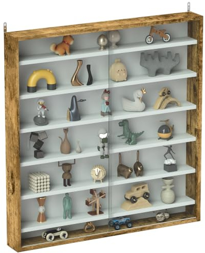 HOMCOM 7-Etagen Wandvitrine, Vitrine mit 6 verstellbaren Einlegeböden, Glastüren für Home Office Ornamente 83x80cm, Rustikales Braun
