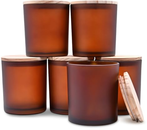 SHOWIN 400 ml dicke Kerzengläser zur Herstellung von Kerzen, leere Gläser mit Holzdeckel für Gewürzgläser, Probenbehälter, Frosted Brown