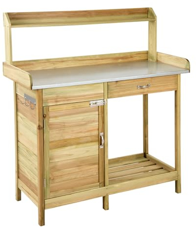 GYMAX Tavolo da Giardinaggio in Legno di Abete, Tavolo da Piantagione con Cassetto, Scaffale Aperto e 3 Ganci, Banco da Travaso per Giardino, Terrazzo, Cortile, 112 x 46 x 125 cm, Naturale