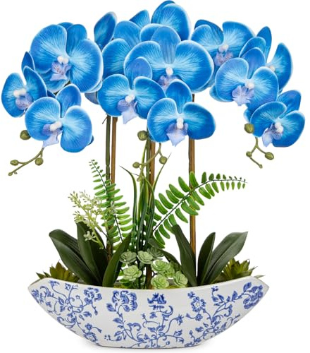 Oairse Kunstpflanze Orchideen Künstliche Deko Blumen Kunstblumen Wie Echt Mit Real-Touch Blüten im Weißer und Blauer Keramikvase Tischdeko Fensterbank Deko, Höhe 46cm