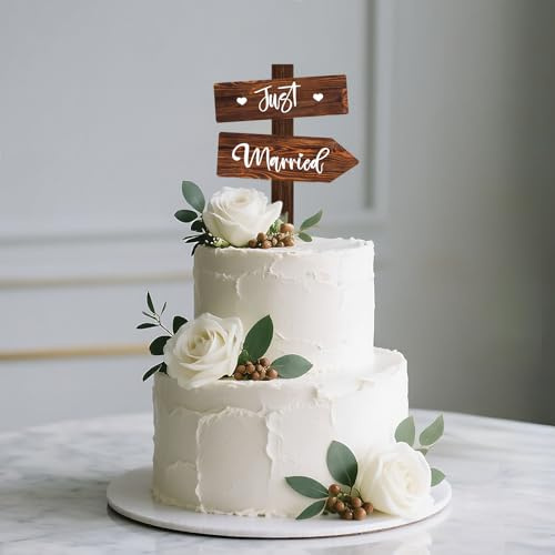 Just Married Tårtdekoration, Tårtpinne av Trä för Bröllop, Tårtpinne för Bröllop, Tårtdekoration för Bröllop, Jubileum, Förlovning, Förslag