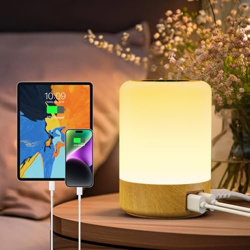 Taipow Bedside Table Lamp with 4 USB Charging Port, 3 Light Modes & 8 Colors, Brightness Adjustable Desk Lamp for Reading Working Sleeping, Touch Night Light Lamps for Bedrooms