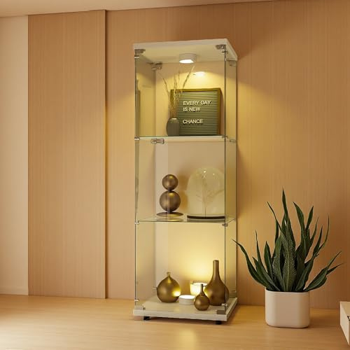 DAHUEN Stående glasvitrinskåp, stående vitrinskåp med lås och LED-belysning, vitrinskåp med 4 glasgolv och 2 dörrar av härdat glas (vit, 42 x 36 x 125 cm)