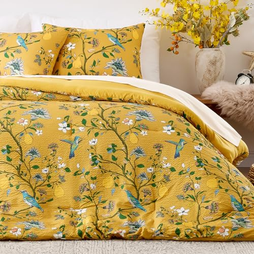 MUSSEL Yellow Bedding Queen Comforter Set 3 Pieces,Vintage Botanical Floral Pattern Bed Comforter Sets,Boho Whimsical Modern Printed Design Cute Seersucker Bedroom Comforter and Shams