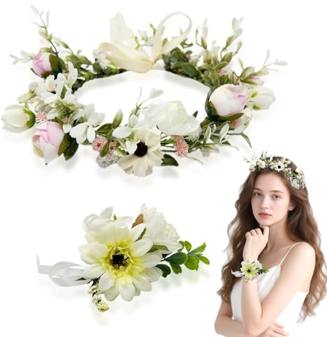 SAIIURV Couronne Fleur Cheveux, Floral Coiffure et Ensemble de Bracelet, Wedding Floral Guirlande Couronne Demoiselle, Couronne de Fleurs pour Cheveux, Pour Mariage, Fête