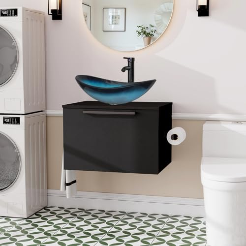 ZealWe Badmöbel-Set Waschtisch mit Unterschrank 60cm, Waschbeckenunterschrank mit Waschbecken, Badezimmermöbel Matt Schwarz Badezimmerschrank Hängend, 2-teilig, für kleine Bäder Gäste WC, Blau