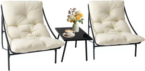 Balkongmöbler liten balkong utomhus, trädgårdsmöbelset, balkongmöbler set 3 delar, trädgårdsset bord och stolar med kudde och soffbord för terrass, balkong, trädgård (vit)