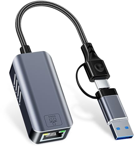 Adaptador USB C a Ethernet de 5 Gbps, USB-A y USB-C a RJ45 LAN 5000 Mbps convertidor de red con cable, adaptador USB a Ethernet compatible con Thunderbolt 4/5, MacBook, Windows, MacOS, Linux, iPhone