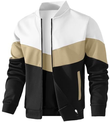 PANOZON Chaqueta Ligera para Hombre Chaqueta Bomber Informal Chaqueta Universitaria con Bloques de Color Camiseta de Béisbol de Manga Larga,Blanco y Albaricoque S