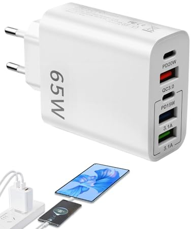 Chargeur USB-C Rapide 65W Multi Ports Adaptateur Secteur avec 5 Ports USB-C Et USB-A QC3.0 PD20W Charge Rapide Universelle pour iPhone 15 14 13 12 11 Samsung S23 S22 S21 iPad Huawei Xiaomi