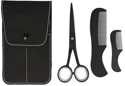 Clauss Juego de barba con tijeras y 2 peines | Tijeras Supercut premium de 13 cm en negro mate y dos peines, juego de cuidado de la barba para hombres en práctico estuche | BC-S10041