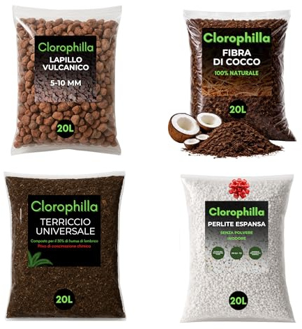 Clorophilla Kit Substrati per Piante – 4 Sacchi da 20L (Fibra di Cocco + Lapillo Vulcanico + Perlite Espansa + Terriccio Universale) – Drenaggio, Aerazione e Crescita Radicale (KIT 20L X4)